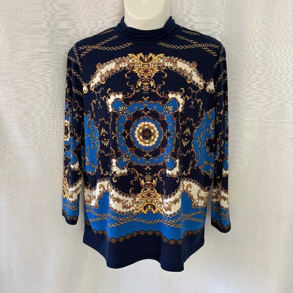 SUSAN GRAVER Baroque Print Liquid Knit Ruched Turtleneck Top - Picture 1 of 5